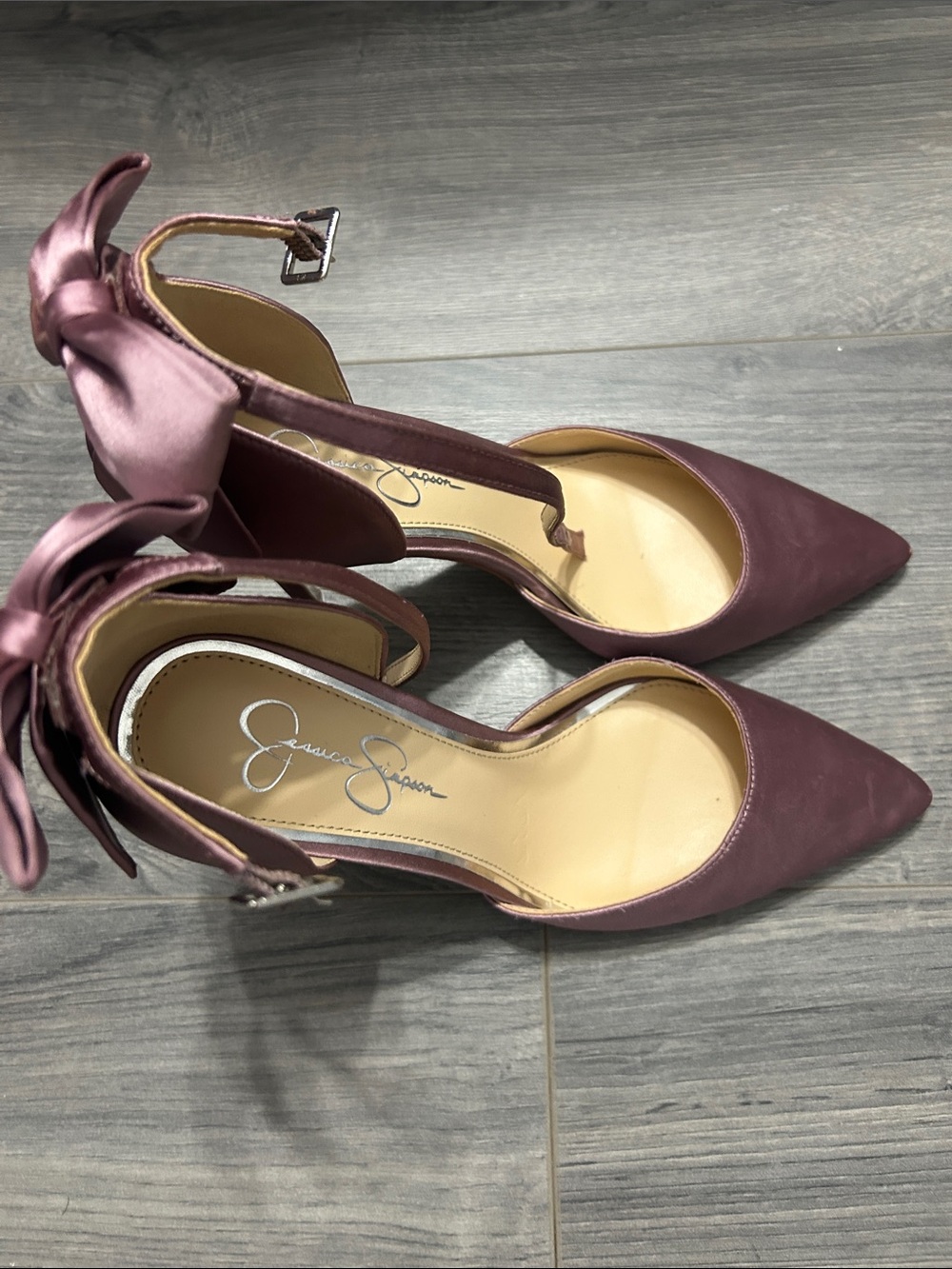 Jessica Simpson Dusty Mauve Satin Pointed-Toe Ankle-Tie Heels